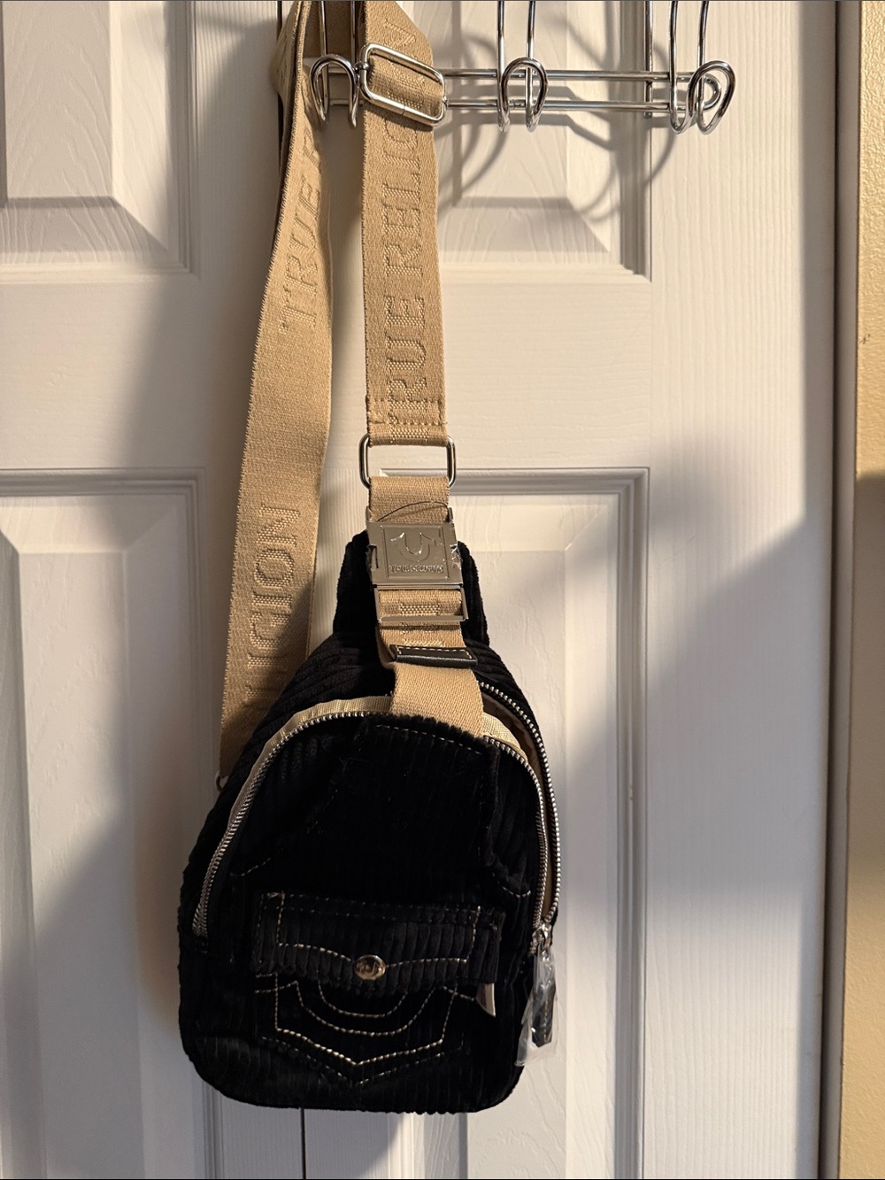 True Religion Black Corduroy Belt Bag with Tan Strap